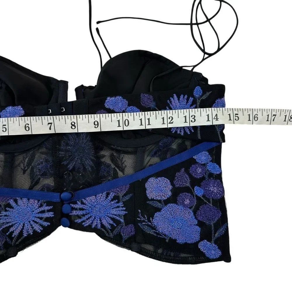 For Love And Lemons Kaylee Crop Top Black and Blue Floral Corset Bra, M - Picture 8 of 11